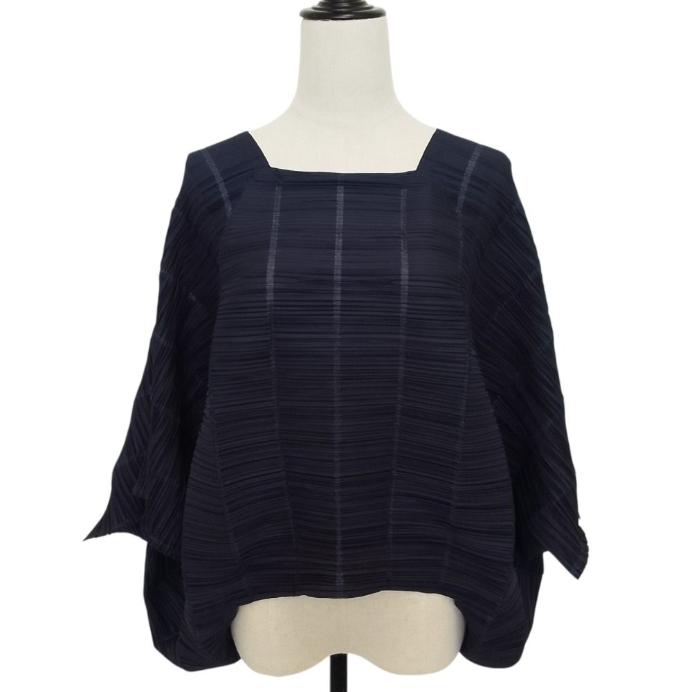 美品 PLEATS PLEASE ISSEY MIYAKE プリーツプリーズ イッセイミヤケ スクエアネックドルマンカットソー PP53-JK502 サイズ3 ネイビー レディース 古着 中古 USED