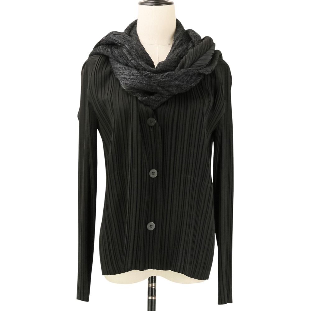 美品 ISSEY MIYAKE イッセイミヤケ プリーツ レイヤードジャケット シャツ ブラウス IM23FD613 サイズ2 ブラック レディース 古着 中古 USED