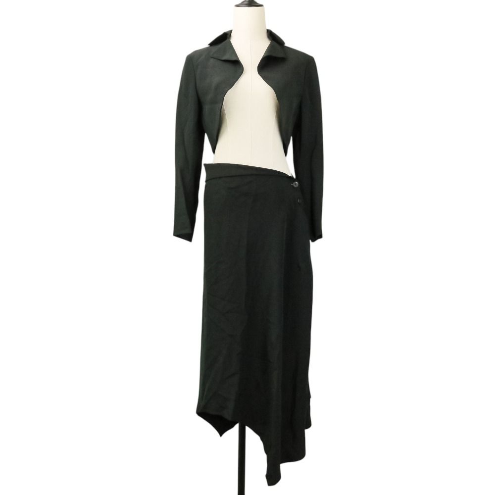 美品 Yohji Yamamoto +NOIR ヨウジヤマモトプリュスノアール シルク クロップドジャケット アシメロングスカート セットアップ 1 レディース 古着 中古 USED