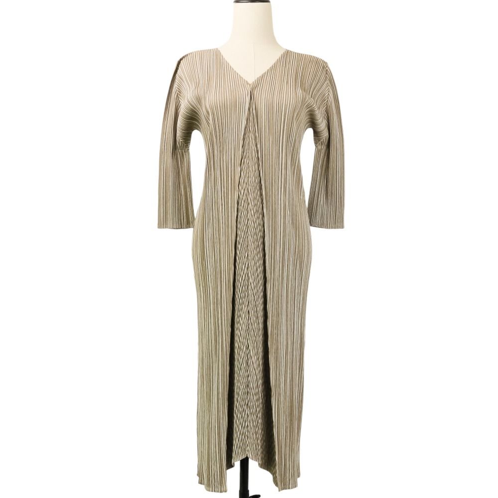 美品 PLEATS PLEASE ISSEY MIYAKE プリーツプリーズイッセイミヤケ センタータックストライプワンピース PP01-JH533 サイズ2 カーキ レディース 古着 中古 USED