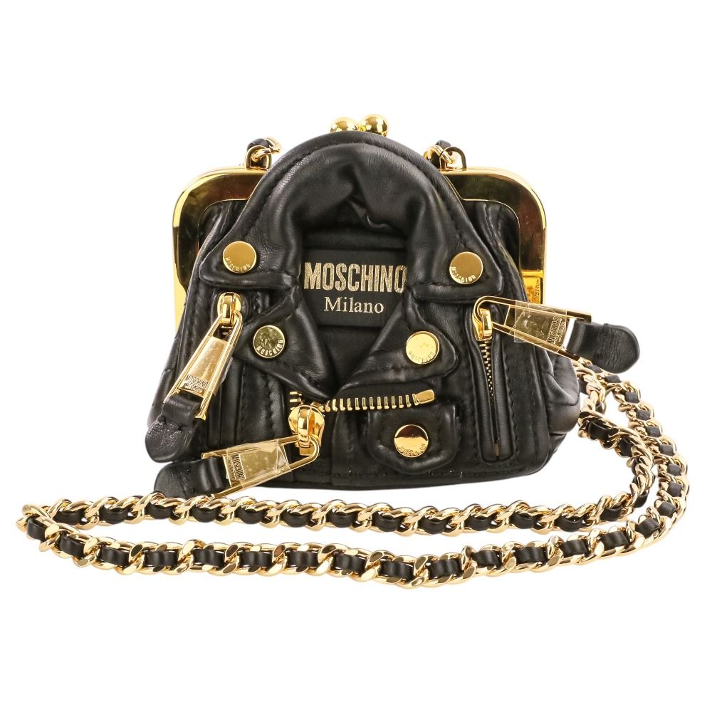 良品 Moschino モスキーノ ライダースチェーンポーチ ショルダー ミニバッグ ブラック ゴールドカラー レディース 古着 中古 USED