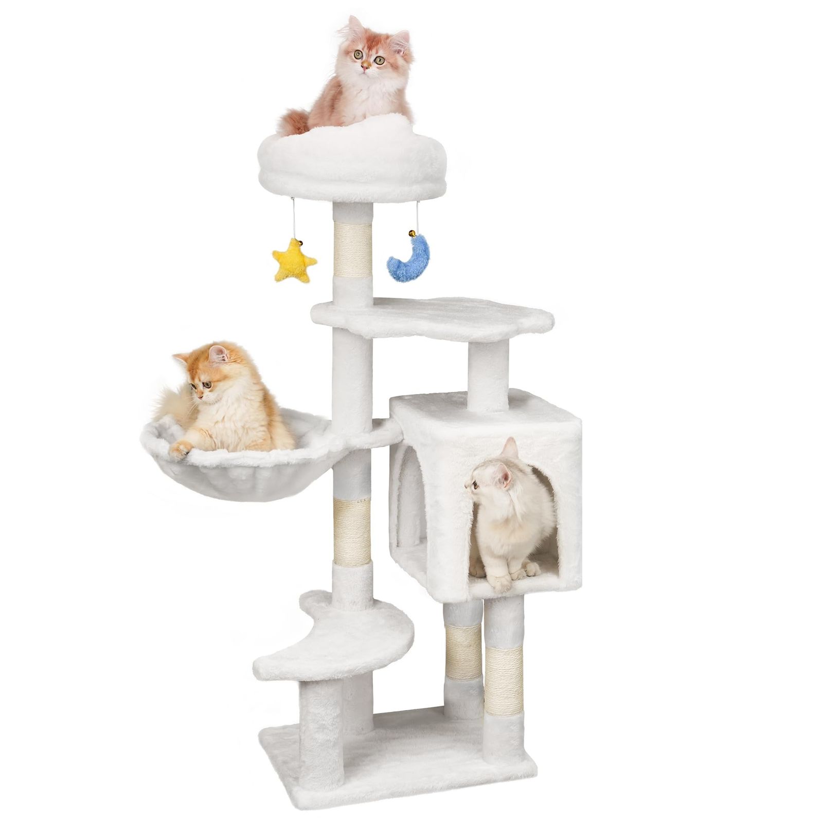 Meecal キャットタワー 猫タワー 中型 子猫 多頭飼い ハウス 猫 爪研ぎ タワー キャットタワー可愛 雲型 い猫 ベッド 天然サイザル麻 ハンモック おもちゃ 据え置き 転倒防止 運動不足解消 省スペース - 高さ110cm ホワイト送料無料