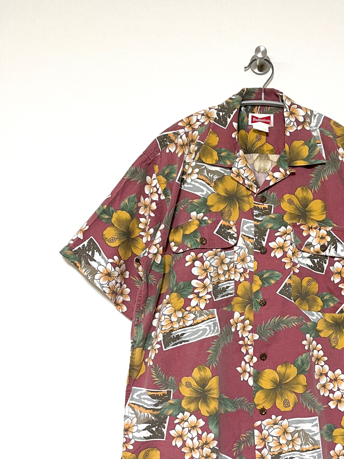 【Budweiser】90s S/S アロハシャツ XL相当 フェード オープンカラー 開襟 バドワイザー 企業 古着