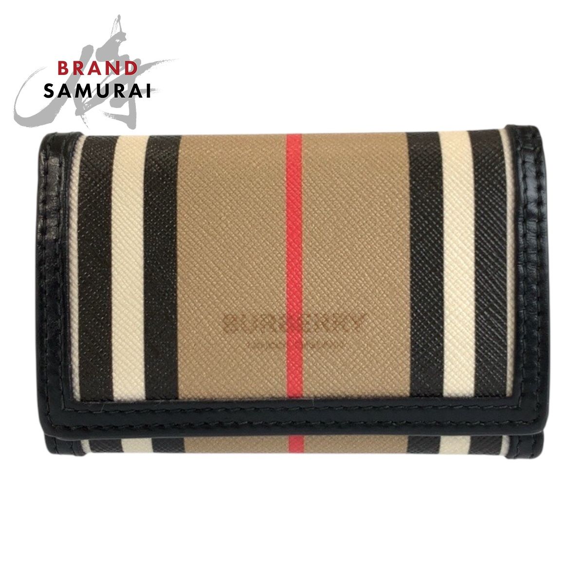BURBERRY バーバリー アイコンストライプ ベージュ ブラック PVC 折財布 コンパクトウォレット レディース 602440【中古】