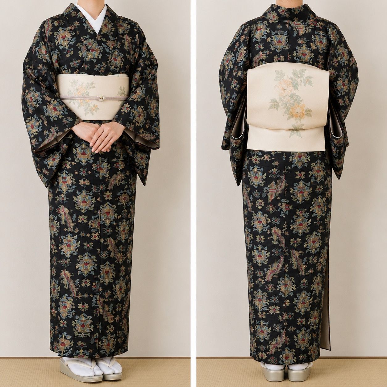 K126 美品 紬きもの 身丈161cm 幾何学模様 植物 鳥 正絹 和装 和服 