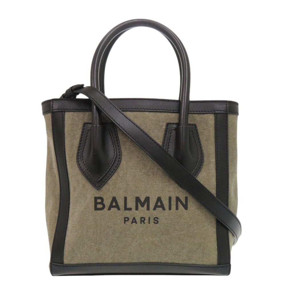美品 バルマン ロゴ キャンバス レザー カーキ ブラック 2way ハンドバッグ ショルダーバッグ 0429 BALMAIN