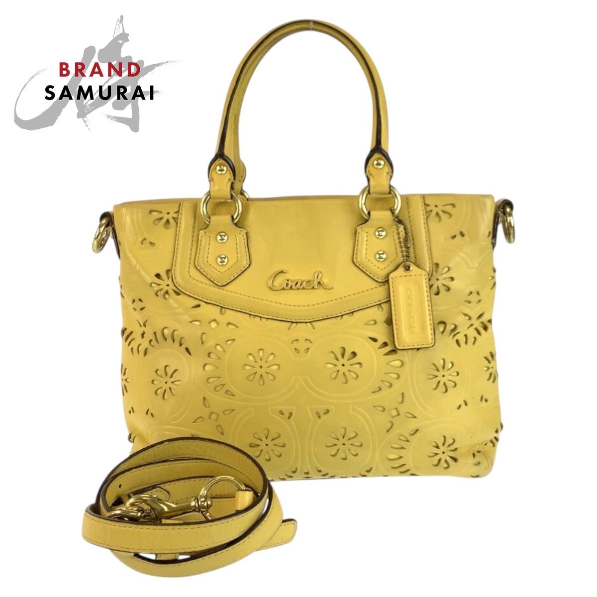 COACH コーチ パンチング イエロー ゴールド金具 レザー F21878 ハンドバッグ ショルダーバッグ 2way レディース 602667【中古】