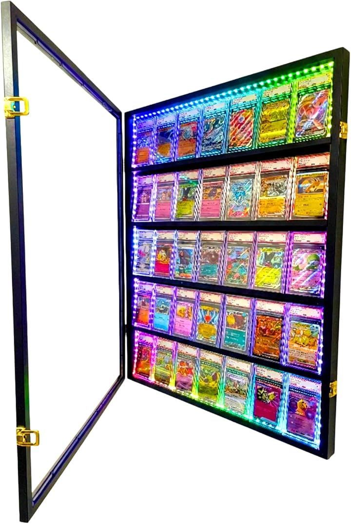 heizi PSA トレカ ディスプレイケース トレーディングカード 壁掛け コレクションケース 収納 棚 (ブラック, タテ 35枚 LED)