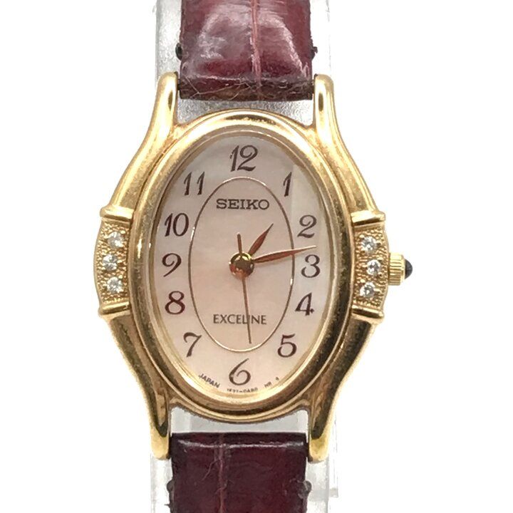 良品 SEIKO セイコー エクセリーヌ 6P ダイヤ ゴールド オーバル シェル 腕時計 時計 ウォッチ レディース ボルドー 3針 m15626