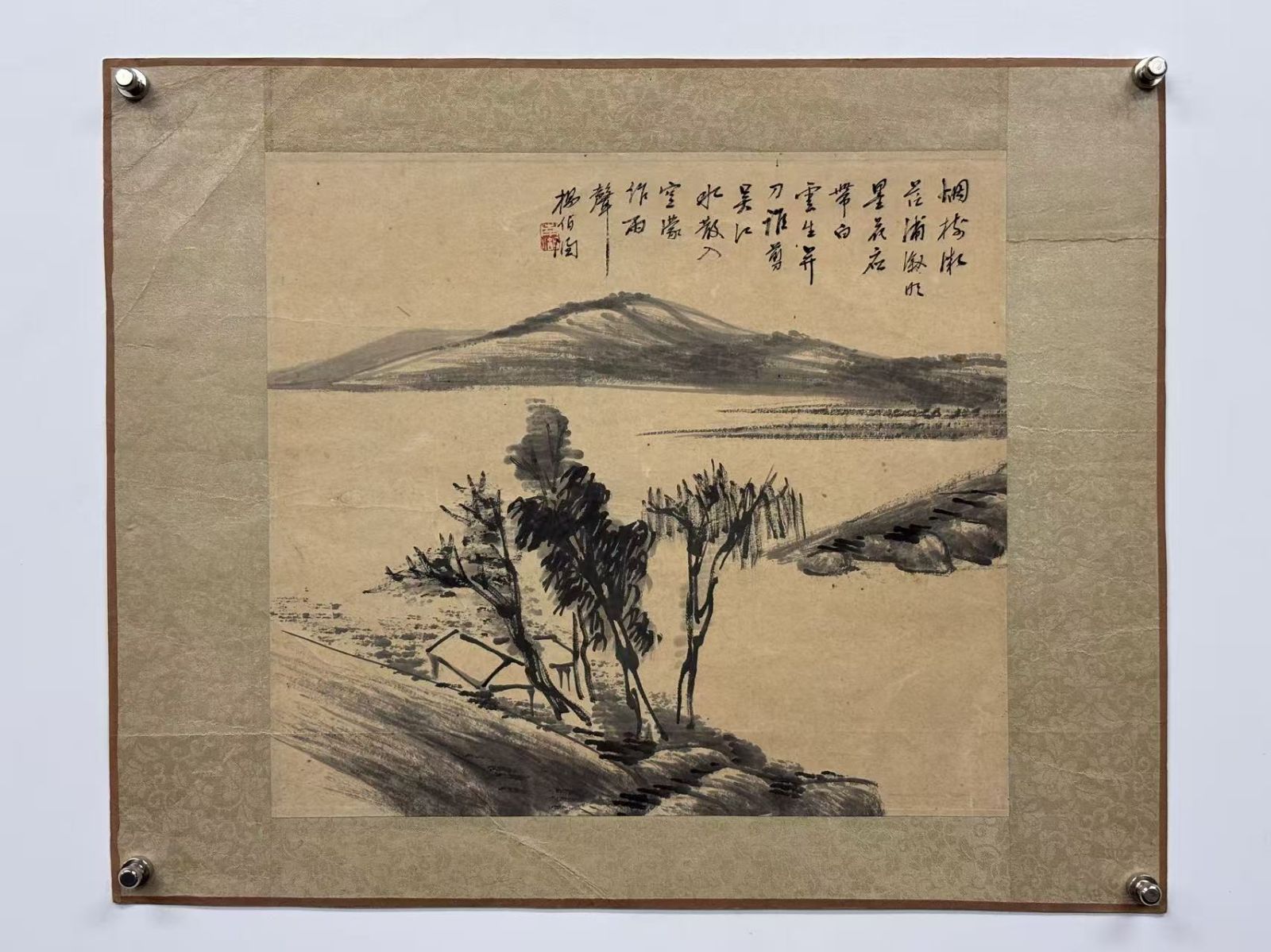 【中国古美術】楊伯潤『江村雨意図』山水画 軸装 額装 清末民初 海派 文人画家 伝董其昌