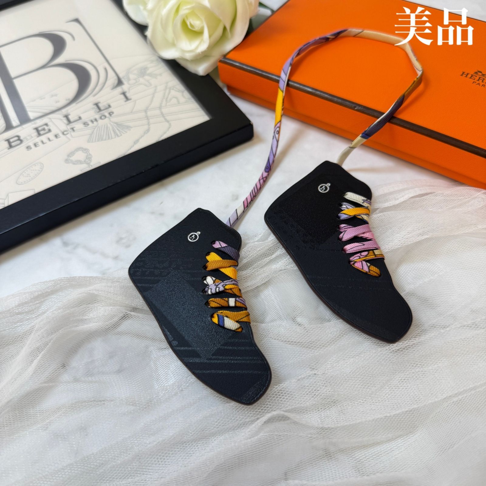 [Appraised] Hermes “Sneakers” Black Purple Orange Leather Silk Petite Ash Bag Charm Basketball Shoes