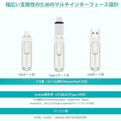 【MFI認証】ZONISION 256GB iPhone USBメモリスティック、アプリなしで写真や動画を iphone バックアップできる3-in-1 USBストレージ、1Phone/iPad/Android/PCと互換性のある外付けストレ 3e4c5172