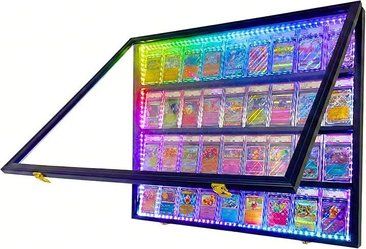 heizi PSA トレカ ディスプレイケース トレーディングカード 壁掛け コレクションケース 収納 棚 (ブラック, ヨコ 35枚 LED)