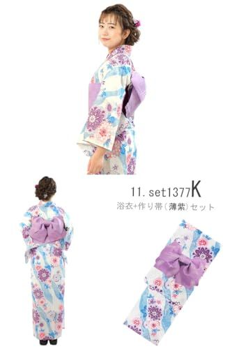 [きもの和ネットショップ給前]浴衣 レディース 大人 浴衣2点セット（浴衣＋作り帯） Fサイズ 女浴衣 黒 白 赤 緑 祭り花火 Nset1377,set0700★m c110c948