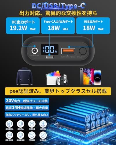 空調作業服 バッテリー 30V高出力 20000mAh大容量 空調ウェア バッテリー DC/Type-C/USB 3WAY出力 Type-C入力 急速充電 小型 LED液晶ディスプレイ搭載 作業服ファン 4段階風量調節 PSE認証済 熱中症? c4c313d3
