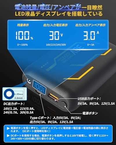 空調作業服 バッテリー 30V高出力 20000mAh大容量 空調ウェア バッテリー DC/Type-C/USB 3WAY出力 Type-C入力 急速充電 小型 LED液晶ディスプレイ搭載 作業服ファン 4段階風量調節 PSE認証済 熱中症? c4c313d3