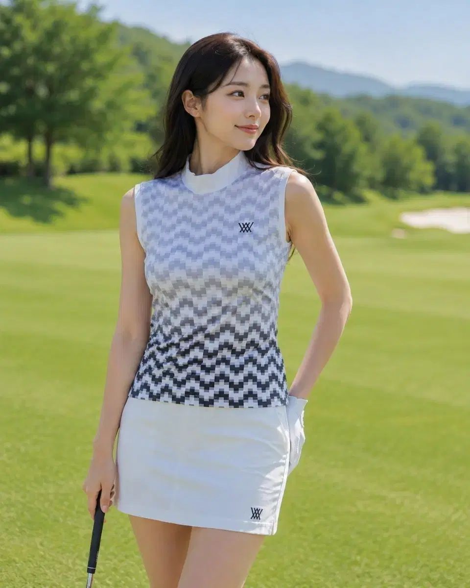 正規品 ANEW ゴルフ レディース ハイネック ジグザグ パータン ノースリーブ Tシャツ S