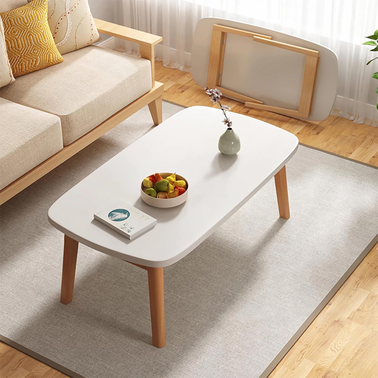 コーヒーテーブル リビングテーブル おしゃれ 折り畳み 幅100cm×奥行50cm 収納便利 机 木製 完成品 一人暮らし 組立不要 テーブル 折りたたみ (白い ローテーブル 100*50cm) センターテーブル