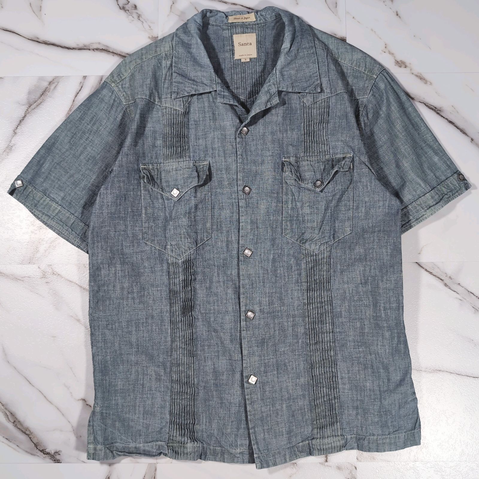 Sanca シャンブレー リネン S/S キューバシャツ オープンカラー 開襟 3(L) ライトブルー