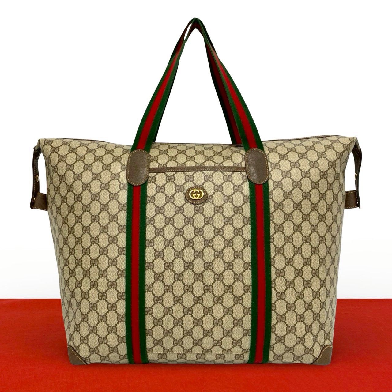 極 美品 GUCCI グッチ オールドグッチ ヴィンテージ シェリーライン GG ロゴ 金具 レザー トートバッグ ボストンバッグ ブラウン 46708