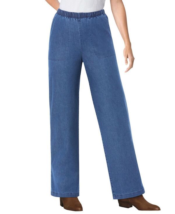 ウーマン ウィズイン レディース ボトムス デニムパンツ プチ デニム ジーンズ Woman Within Petite Within Fineline Stretch Denim WideLeg PullOn Jeans Medium stonewash デ