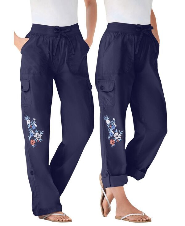 ウーマン ウィズイン レディース ボトムス カジュアルパンツ カーゴパンツ キャップ Woman Within Womens Within Convertible Length Cargo PantCapri Navy floral embroidery ネイ