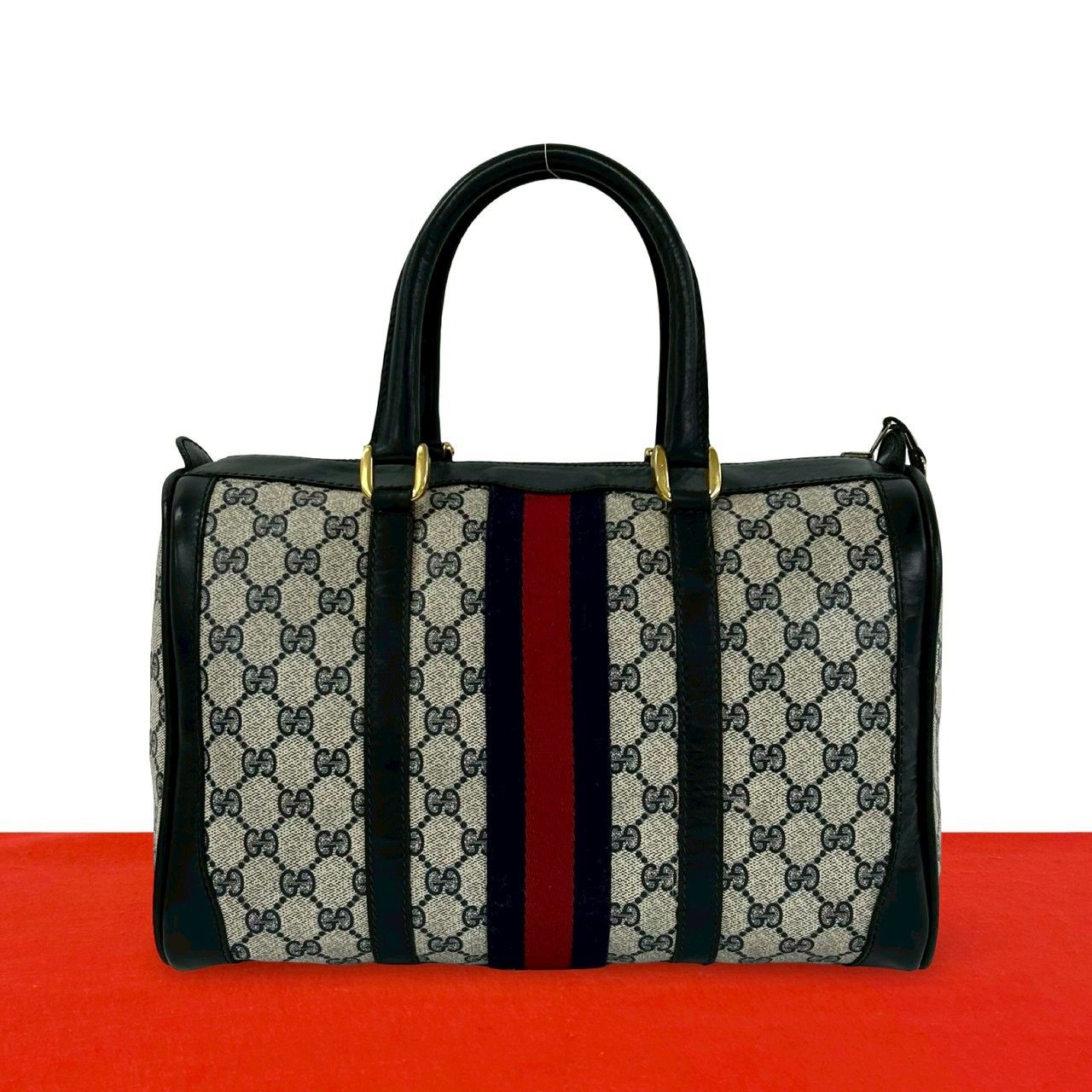 極 美品 GUCCI グッチ オールドグッチ ヴィンテージ シェリーライン GG ロゴ レザー ハンドバッグ ミニ ボストンバッグ ネイビー 25932