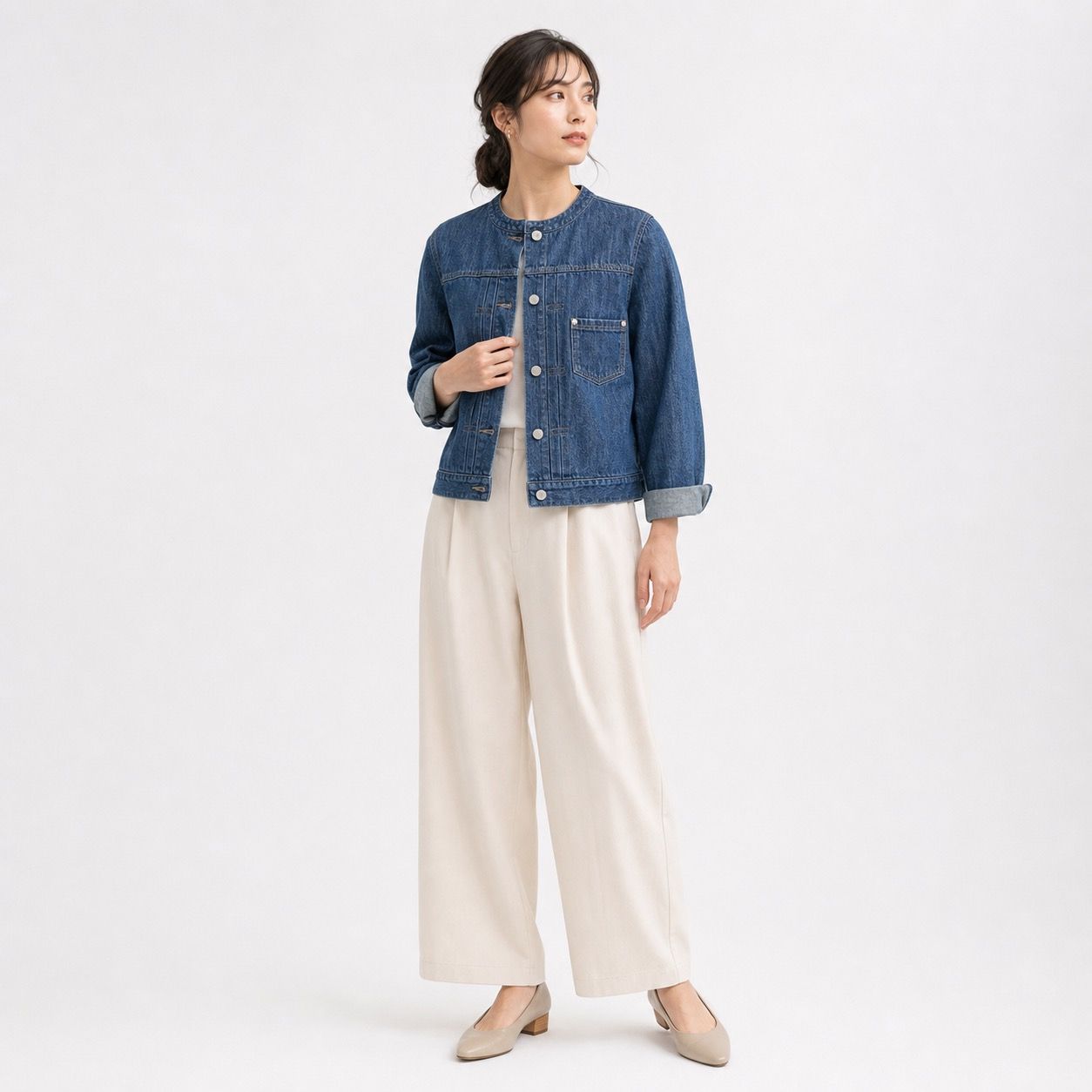 SCAPA スキャパ ノーカラー デニムジャケット ブルー レディース