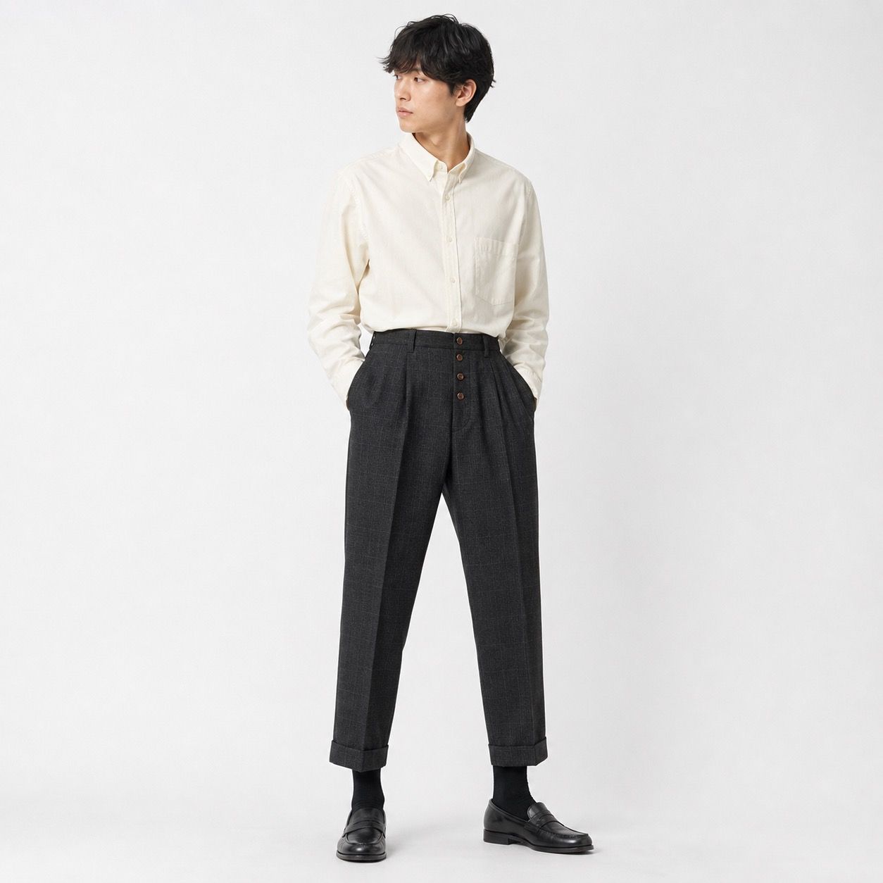 チェック柄 スラックス パンツ ダークグレー メンズ ダブル裾 - メルカリ