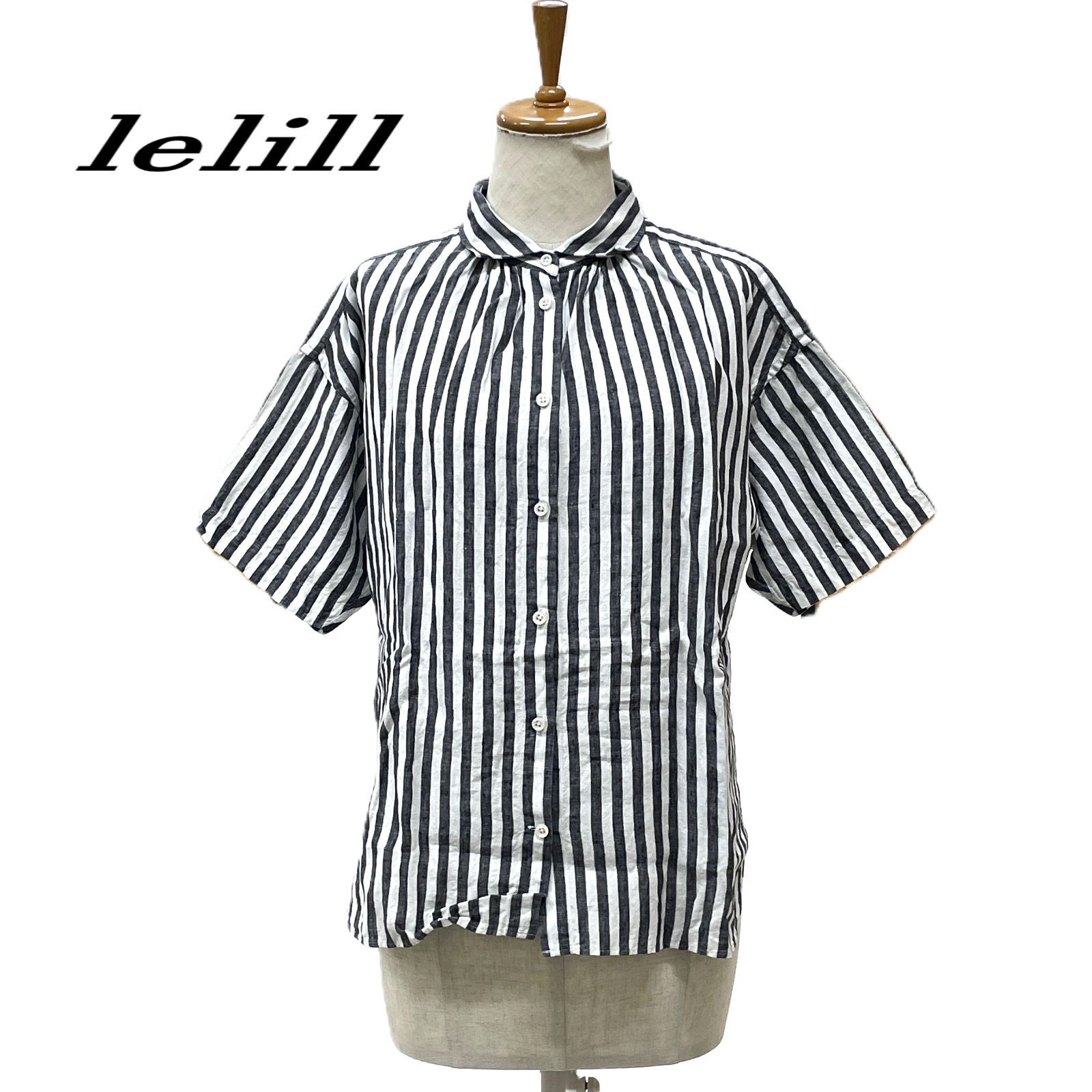 lelill レリル リネン半袖ボタンシャツ 38 ストライプ グレー系