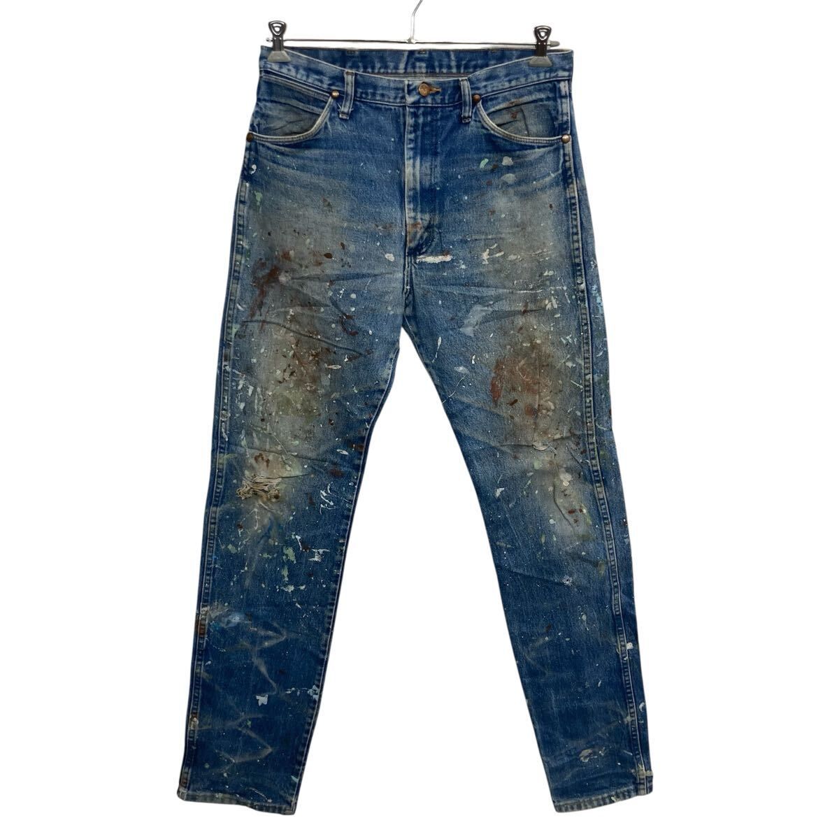 メキシコ製 Wrangler デニムパンツ W34 ブルー ラングラー ジップアップ グットボロ ペンキペイント ワーク ジーンズ 2603-249