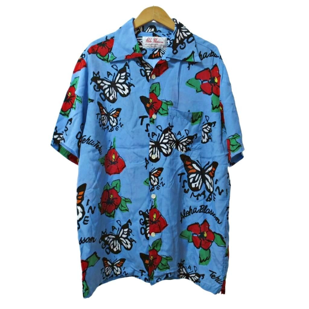 アロハブロッサム Aloha Blossom TEHU TEHU アロハシャツ 半袖 日本製 ハイビスカス リゾート柄 花柄 42 ブルー 青 0519 IBO96