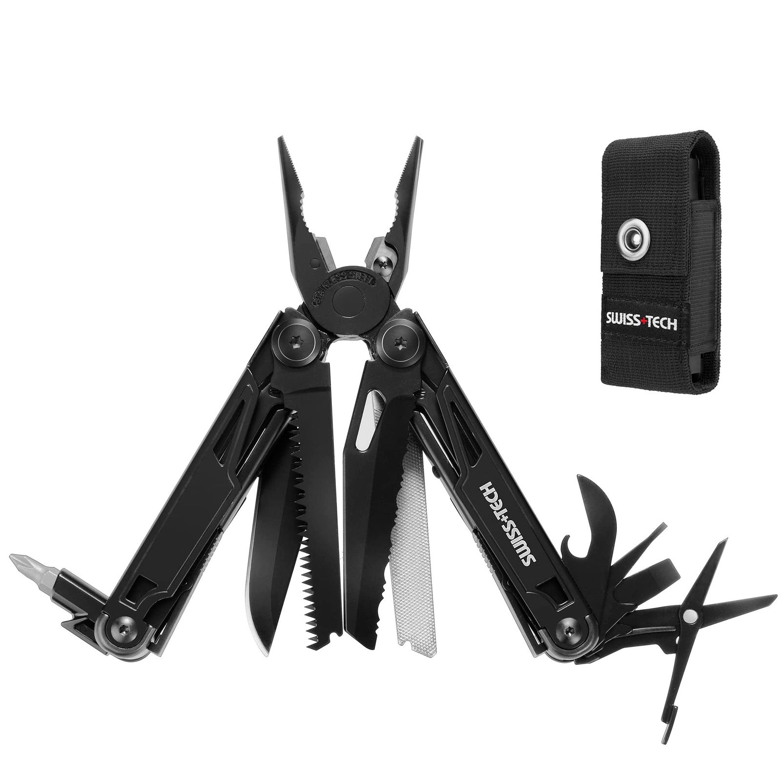 ☆新品☆SWISS+TECH 多機能ペンチ アウトドアマルチツール マルチプライヤー 16-in-1 ロック機能搭載 カッター ノコギリ ドライバー メジャー 栓抜き ヤスリ ポーチ付 アウトドア DIY 登山 キャンプ 釣り 防災用品 黒染 e1b066d9