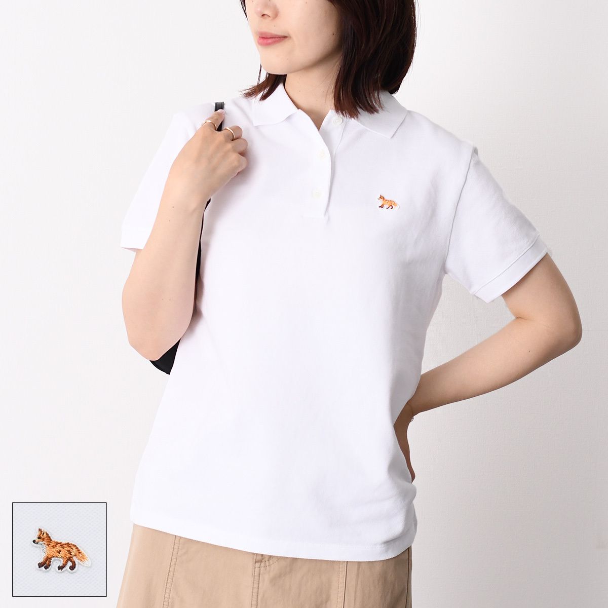 MAISON KITSUNE メゾン キツネ ポロシャツ カットソー ベイビー フォックス レギュラー ポロ OW00207 KP0001 レディース ホワイト ロゴ 刺繍 ワンポイント 半袖