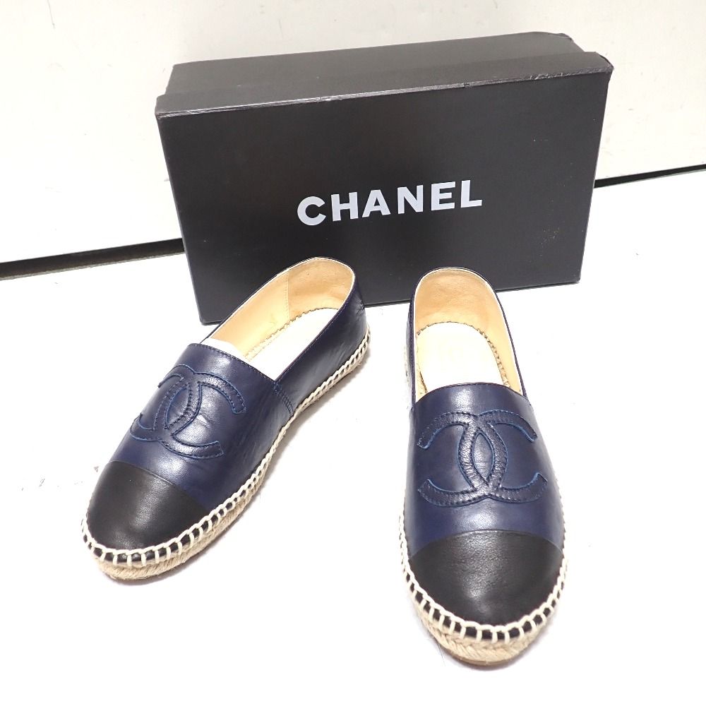 Ft643971 シャネル スリッポン エスパドリーユ ブラック/ネイビー #37 レディース CHANEL 中古