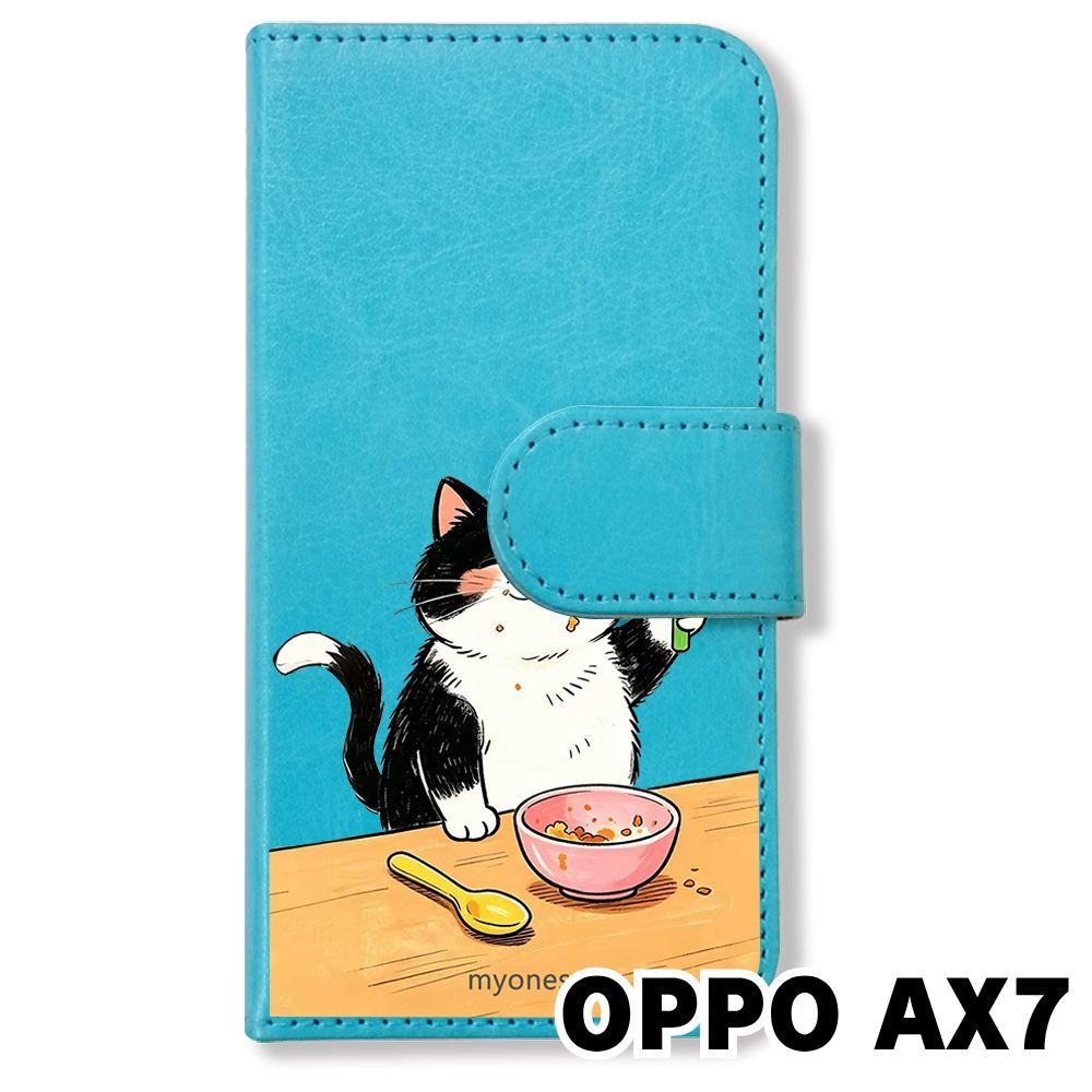 あほねこ 新品未使用】 OPPO AX7 手帳型スマホ ケース (色：ブルー×合格猫
