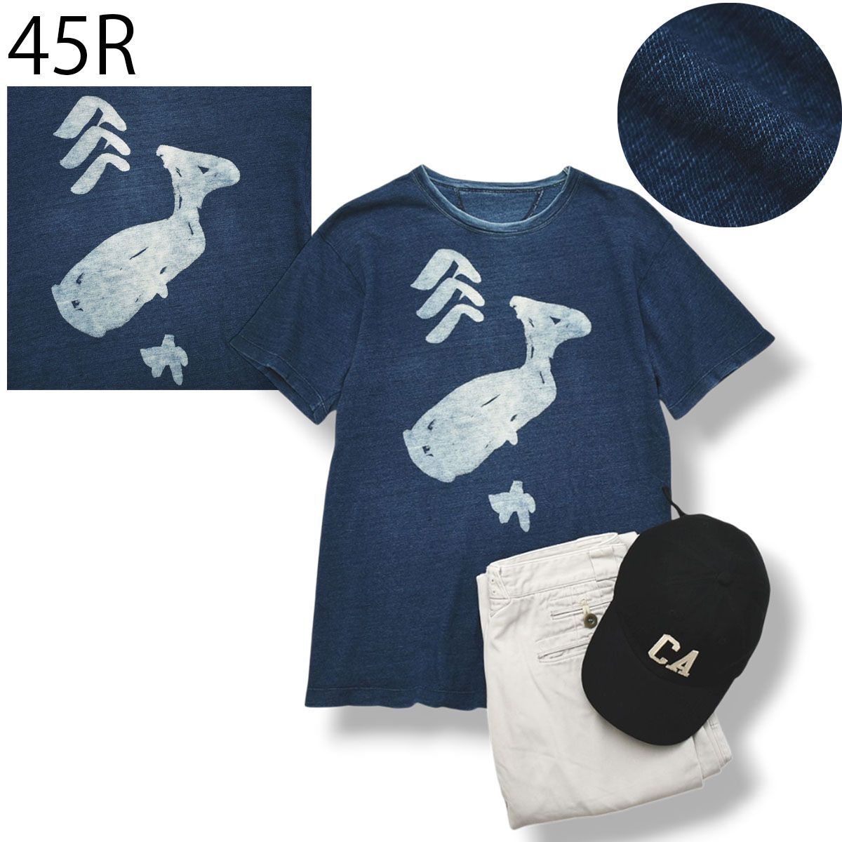 日本製 45R 半袖 Tシャツ カットソー クルーネック クジラ 星 プリント デザイン 2 インディゴ ナチュラル アメカジ ストリート メンズ レディース ユニセックス 男女兼用