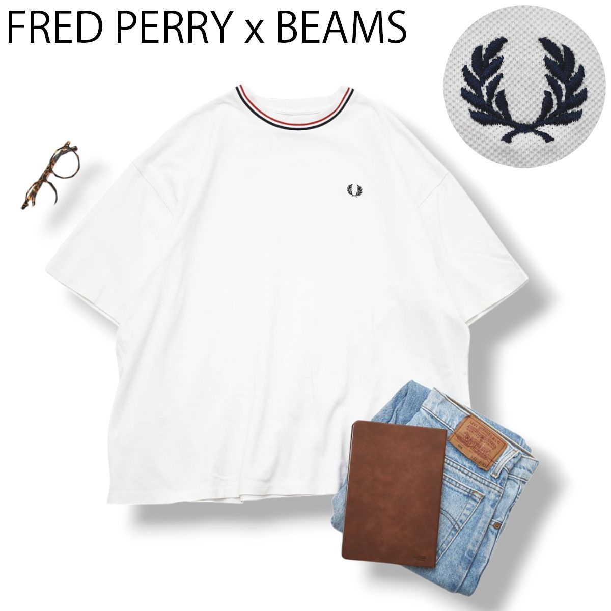 日本製 フレッドペリー FRED PERRY x ビームス BEAMS 半袖 鹿の子 Tシャツ クルーネック カットソー ロゴ 月桂樹 刺繍 XL ホワイト ブリティッシュ カジュアル メンズ
