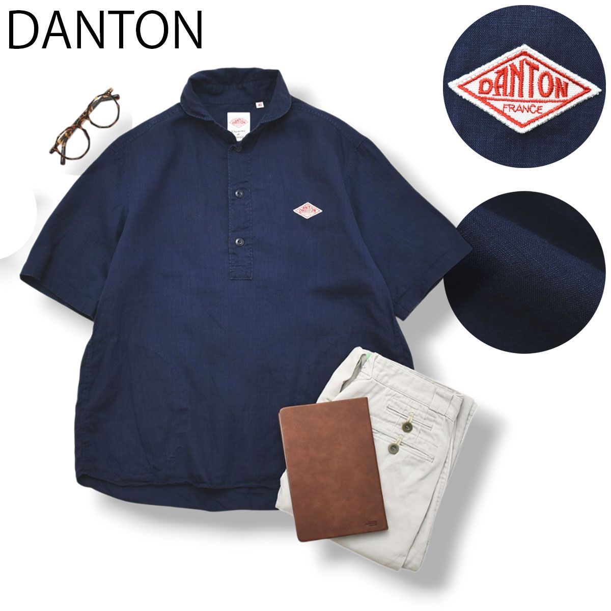 【清涼】 日本製 ダントン DANTON 半袖 丸襟 ハーフボタン プルオーバー リネン シャツ ワッペン ロゴ 40 ネイビー フレンチ ワーク カジュアル シティールック メンズ
