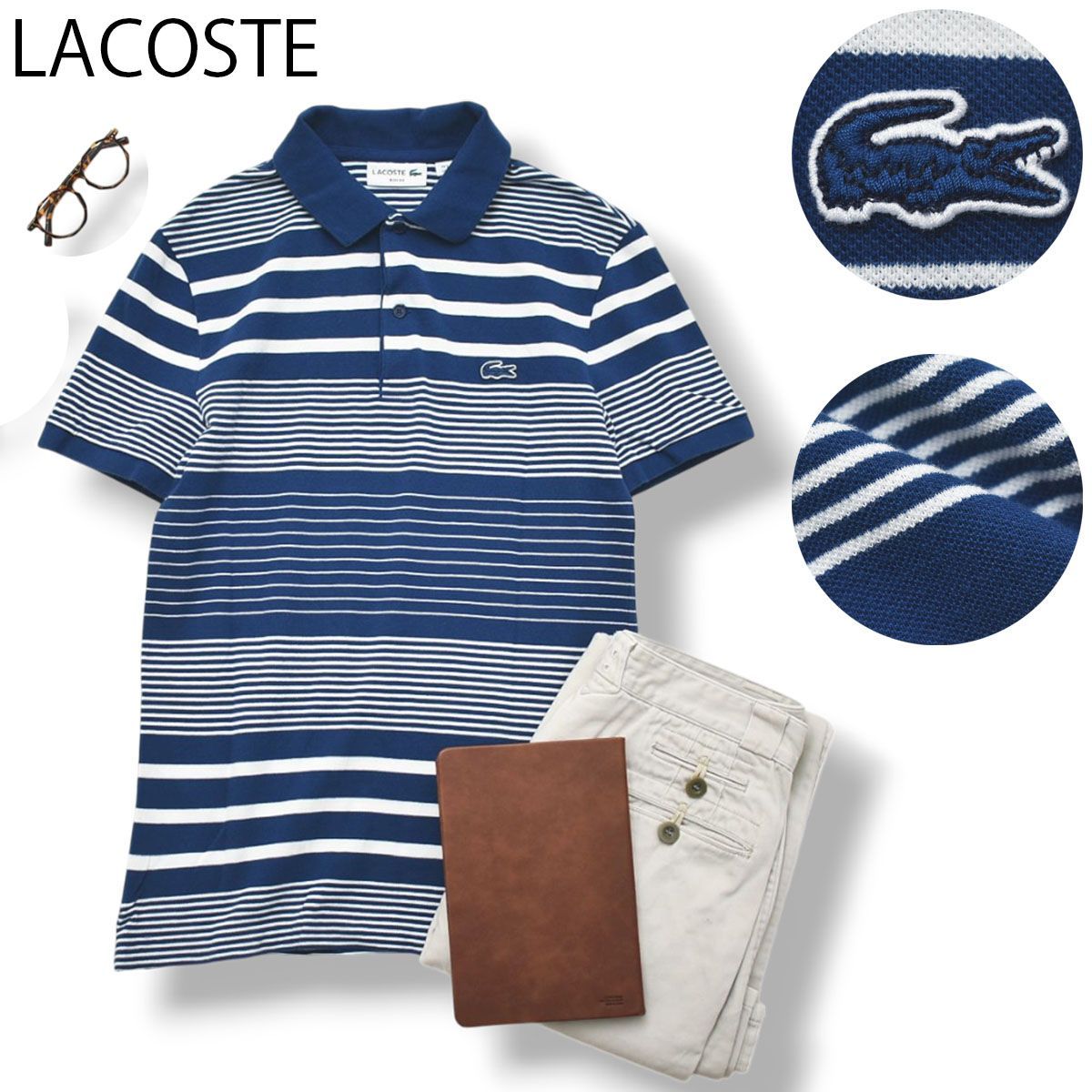 【人気】 ラコステ LACOSTE ボーダー PH2075 ポロシャツ SLIM FIT ワニロゴ トラッド スポーツミックス カジュアル S ブルー 青 x ホワイト 白 メンズ