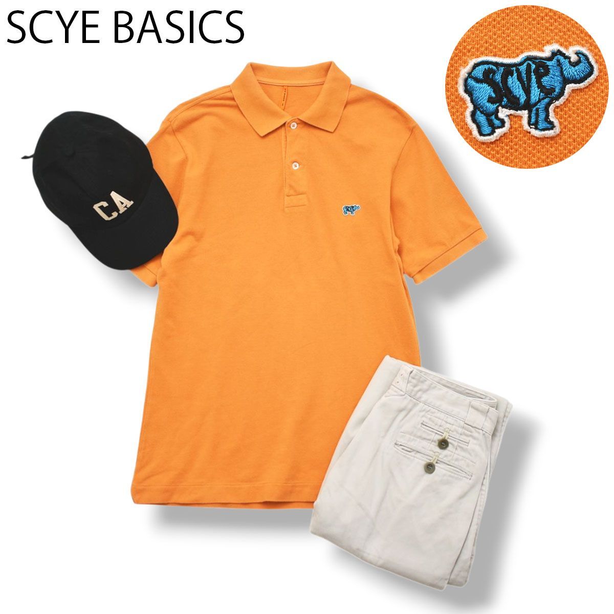 日本製 サイ ベーシックス SCYE BASICS 半袖 鹿の子 ポロシャツ サイドスリット ワッペン ロゴ 40 オレンジ ブリティッシュ トラッド デザイナーズ シティールック メンズ
