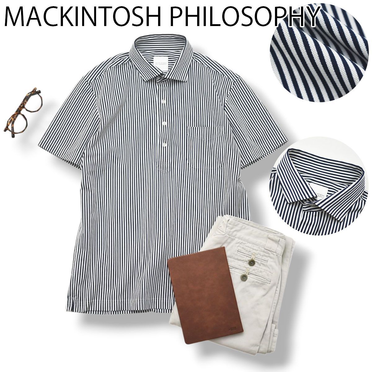 【極美品】 マッキントッシュフィロソフィー MACKINTOSH PHILOSOPHY 半袖 ハーフボタン ワイドカラー ロンドンストライプ クールマックス シャツ 40 白 ｘ 紺 メンズ