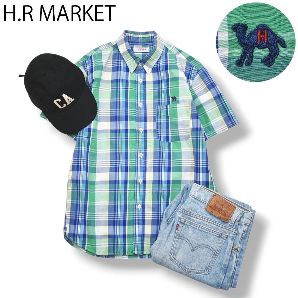 ハリウッドランチマーケット H.R MARKET 半袖 コットン シャツ ボタンダウン シングルポケット ラウンドヘム ロゴ 刺繍 M相当 マドラスチェック マルチカラー アメカジ メンズ 10,212円