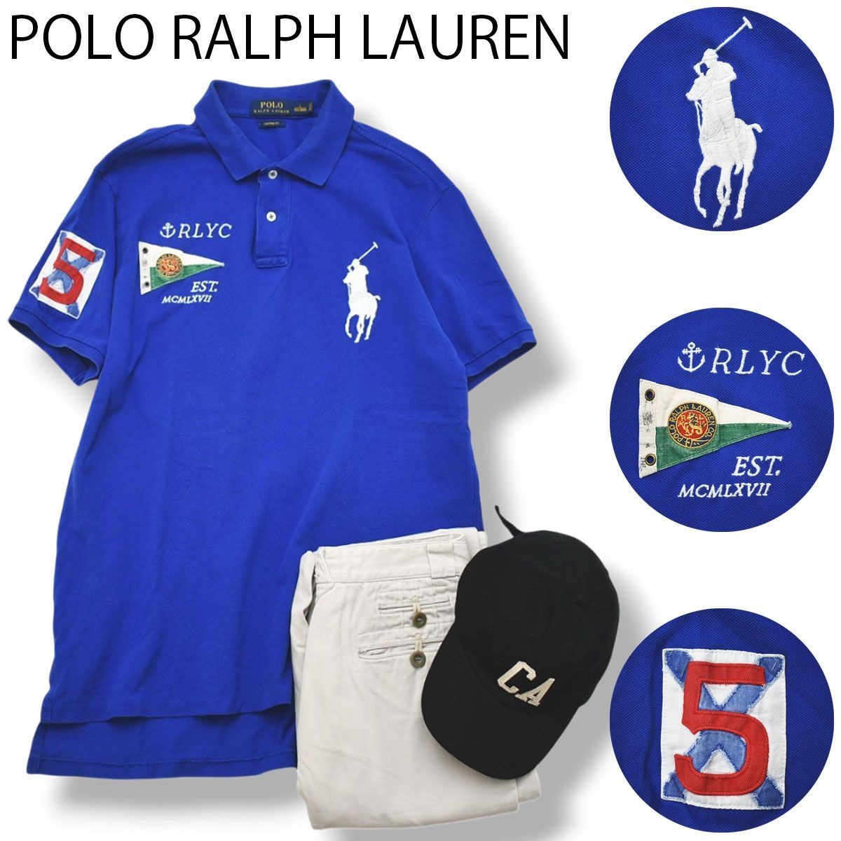 ポロ ラルフローレン POLO RALPH LAUREN カスタムフィット CUSTOM FIT ヨットクラブ フラッグ ナンバリング ビッグポニー 半袖 鹿の子 ポロシャツ L ブルー メンズ