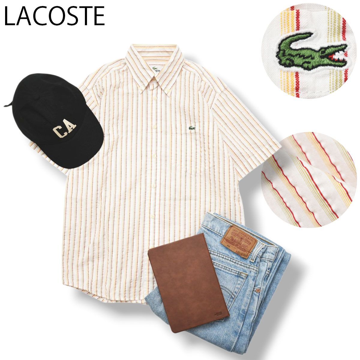 【美品】 日本製 ラコステ LACOSTE 半袖 シアサッカー シャツ ボタンダウン ラウンドヘム シングルポケット ワニ ロゴ 2 ストライプ マルチカラー フレンチ カジュアル メンズ
