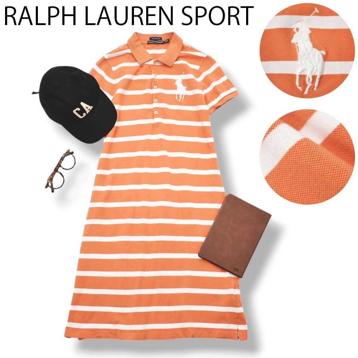【ビッグポニー】 ラルフローレン スポーツ RALPH LAUREN SPORT ポロシャツ 膝丈 Iライン ワンピース ドレス L ボーダー柄 オレンジ x ホワイト レディース ♪