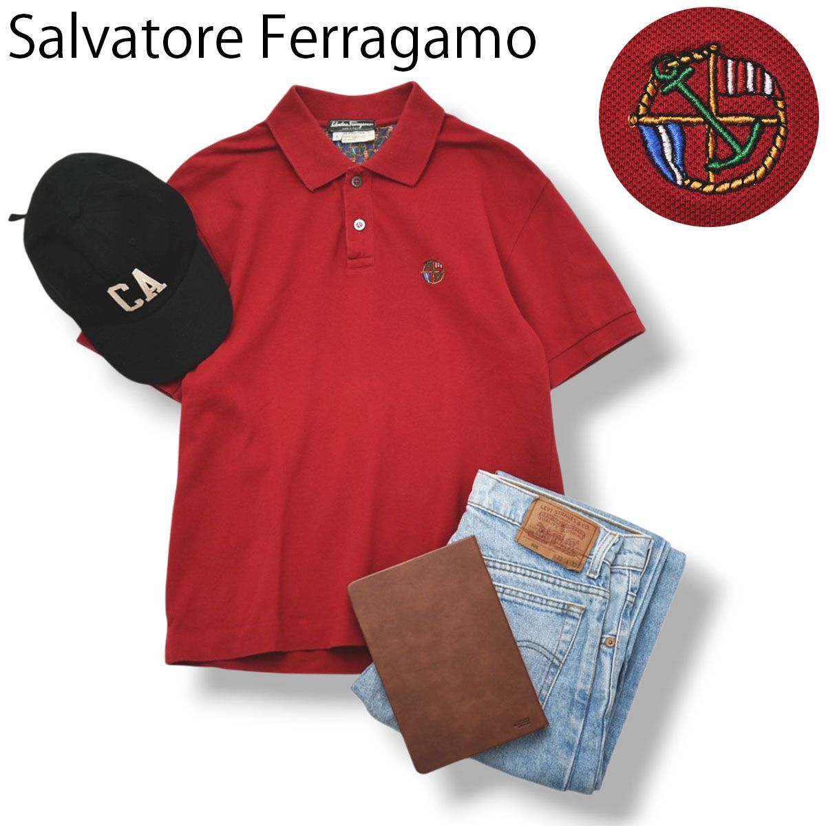 【上質】 イタリア製 サルヴァトーレ フェラガモ Salvatore Ferragamo 半袖 ワンポイント刺繍 鹿の子 ポロシャツS レッド トラッド カジュアル ビジカジ メンズ