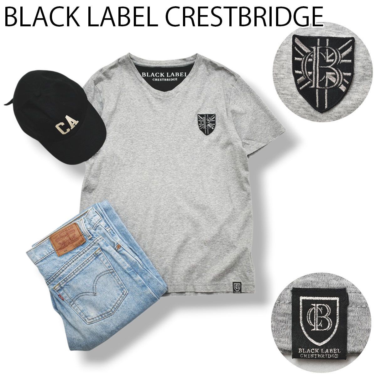 日本製 ブラックレーベル クレストブリッジ BLACK LABEL CRESTBRIDGE Vネック Tシャツ カットソー ワッペン エンブレム ロゴ 2 グレー ブリティッシュ メンズ