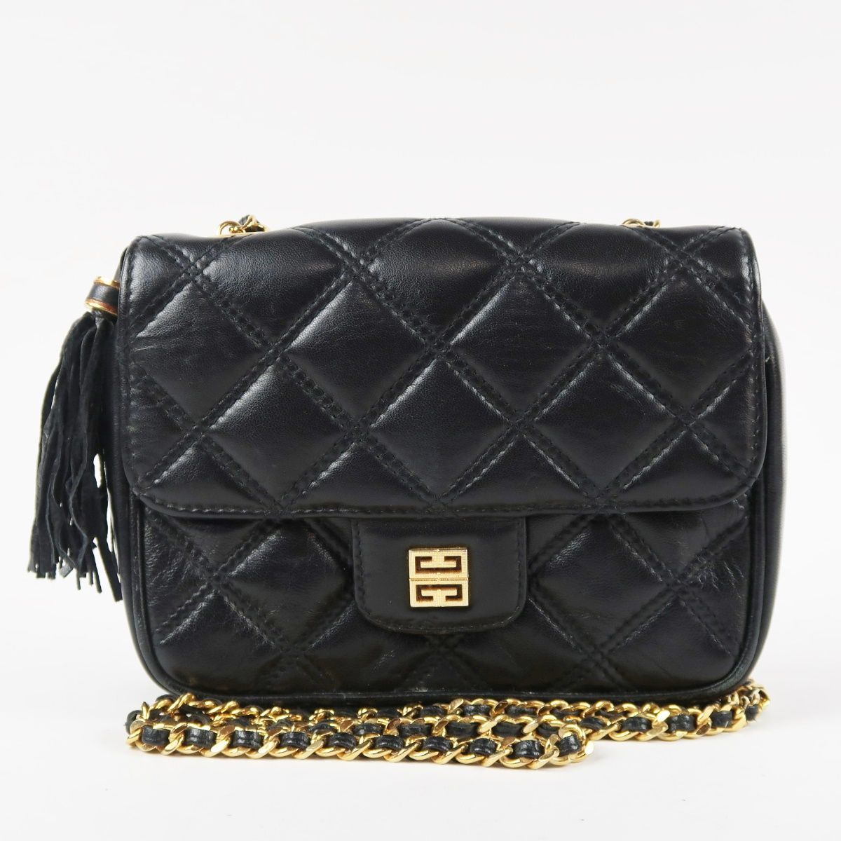 【美品】GIVENCHY ジバンシー チェーンショルダーバッグ フリンジ レザー ブラック ブランド鞄【UF60】