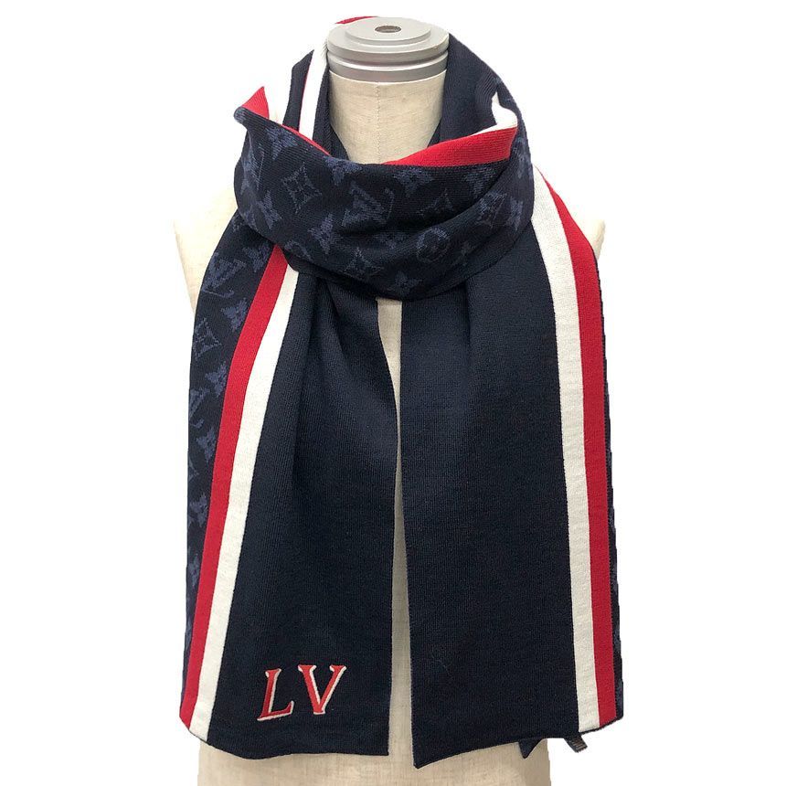 LOUIS VUITTON ルイヴィトン マフラー M77936 モノグラム エシャルプLVバーシティ ネイビー ウール メンズ マフラー 新古品 美品 aq12981
